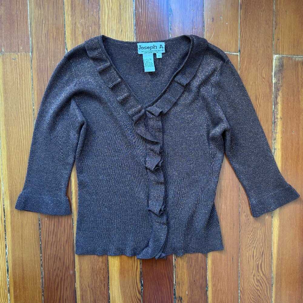 Silk Romantic Flirty Vintage Brown Metallic 3/4 Sleeve Sweater MEDIUM